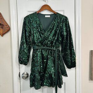 LC Lauren Conrad Green Sequin Wrap Mini Dress